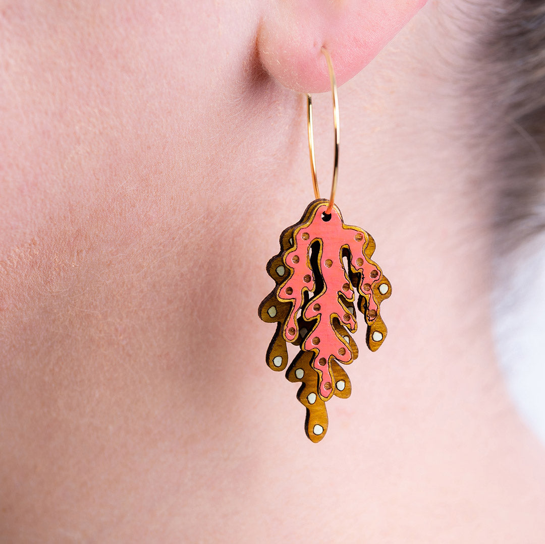 Coral Eco-friendly Recycled Wood & Gold Earrings-0