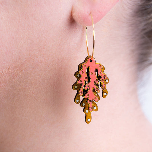 Coral Eco-friendly Recycled Wood & Gold Earrings-0