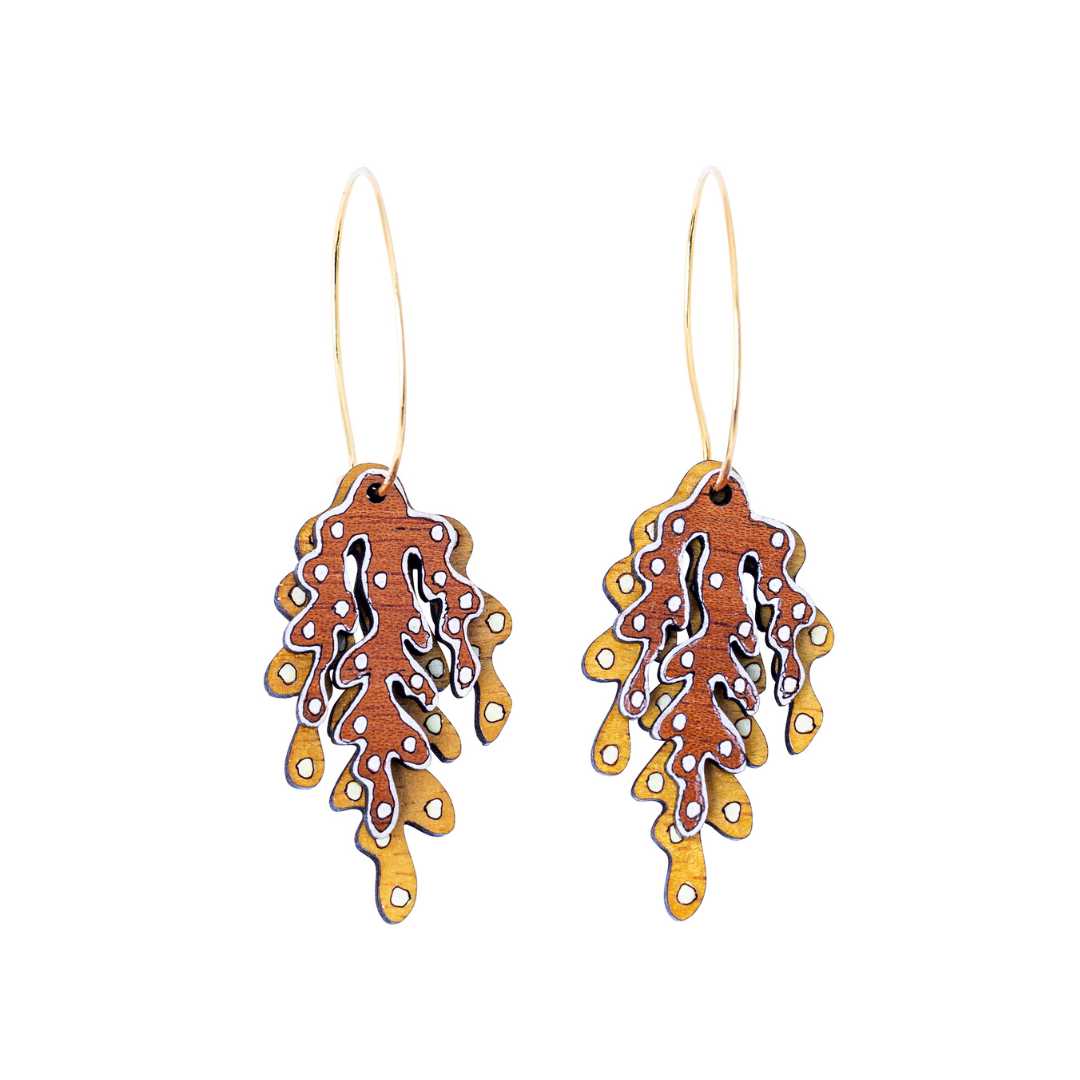 Coral Eco-friendly Recycled Wood & Gold Earrings-5