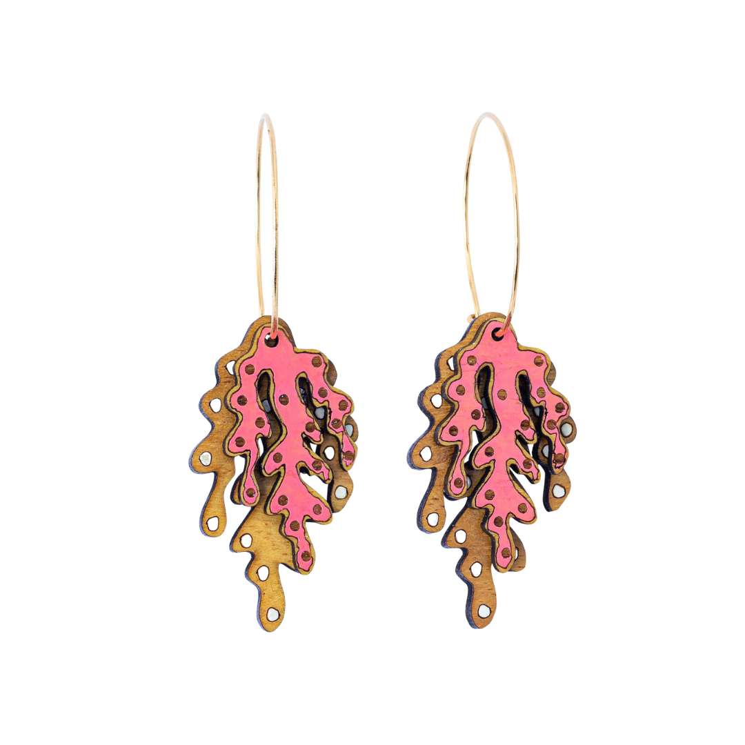 Coral Eco-friendly Recycled Wood & Gold Earrings-1