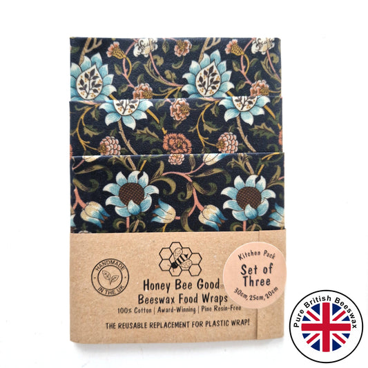 *British Beeswax Set of 3 Handmade Beeswax Wraps | William Morris Evenlode Blue-0