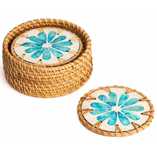 Mother of Pearl & Rattan Drinks Coaster Set (6pc + Holder) | Jungle Culture
