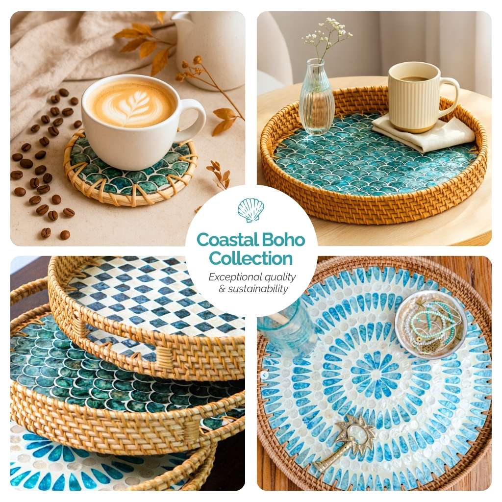 Mother of Pearl & Rattan Drinks Coaster Set (6pc + Holder) | Jungle Culture