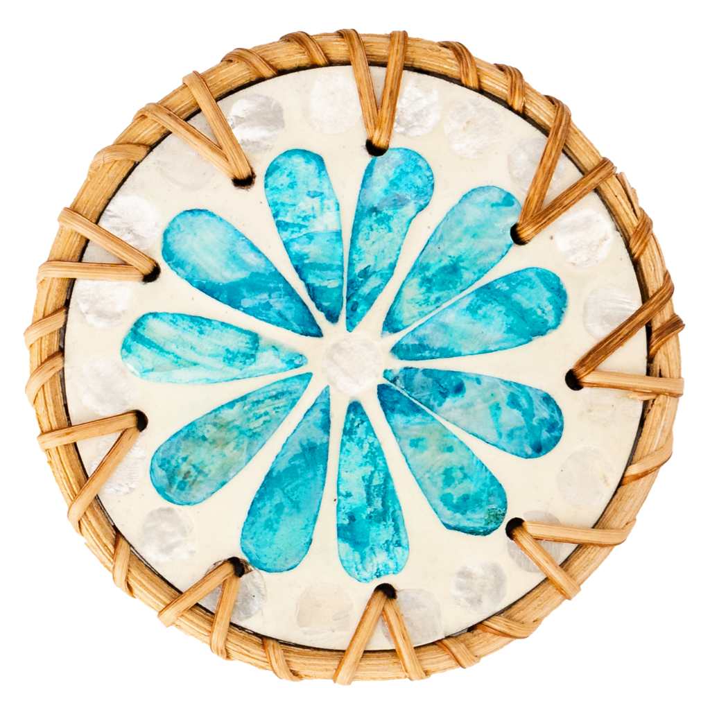Mother of Pearl & Rattan Drinks Coaster Set (6pc + Holder) | Jungle Culture