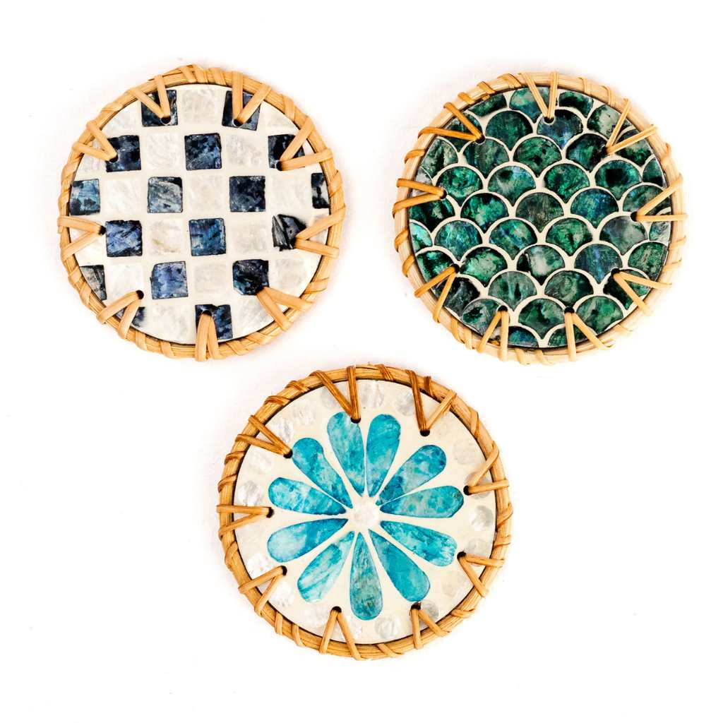 Mother of Pearl & Rattan Drinks Coaster Set (6pc + Holder) | Jungle Culture